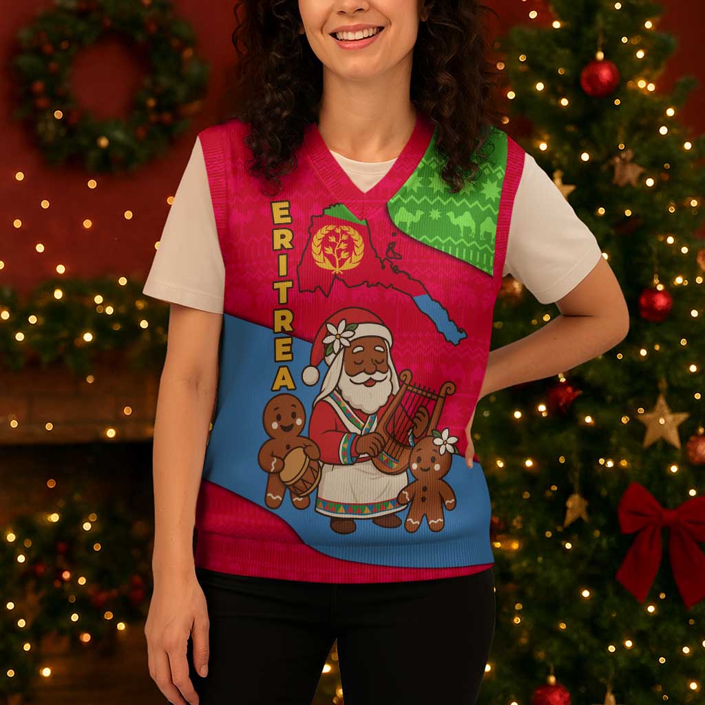 Eritrea Christmas Knitted V-Neck Vest with African Santa Gingerbread Harp National Flag Colors and Festive Pattern Design - Wonder Print Shop