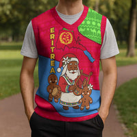 Eritrea Christmas Knitted V-Neck Vest with African Santa Gingerbread Harp National Flag Colors and Festive Pattern Design - Wonder Print Shop