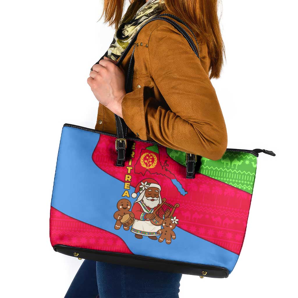 Eritrea Christmas Leather Tote Bag with African Santa Gingerbread Harp National Flag Colors and Festive Pattern Design - Wonder Print Shop