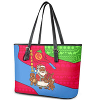Eritrea Christmas Leather Tote Bag with African Santa Gingerbread Harp National Flag Colors and Festive Pattern Design - Wonder Print Shop