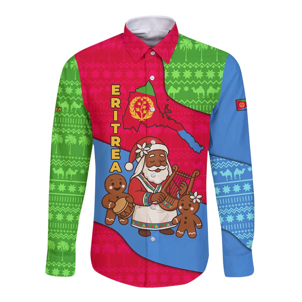 Eritrea Christmas Long Sleeve Button Shirt with African Santa Gingerbread Harp National Flag Colors and Festive Pattern Design - Wonder Print Shop