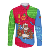 Eritrea Christmas Long Sleeve Button Shirt with African Santa Gingerbread Harp National Flag Colors and Festive Pattern Design - Wonder Print Shop