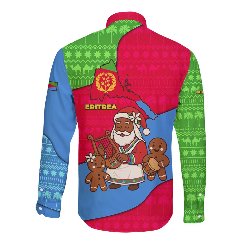 Eritrea Christmas Long Sleeve Button Shirt with African Santa Gingerbread Harp National Flag Colors and Festive Pattern Design - Wonder Print Shop