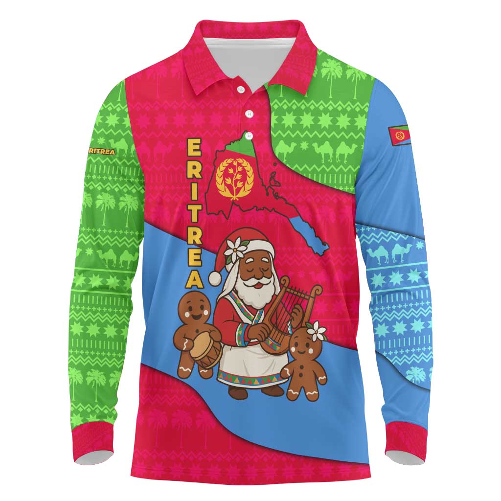 Eritrea Christmas Long Sleeve Polo Shirt with African Santa Gingerbread Harp National Flag Colors and Festive Pattern Design - Wonder Print Shop