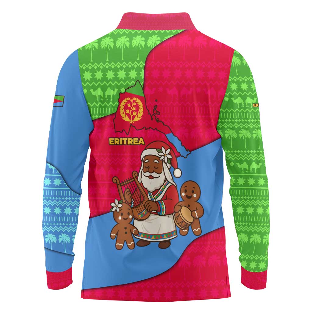 Eritrea Christmas Long Sleeve Polo Shirt with African Santa Gingerbread Harp National Flag Colors and Festive Pattern Design - Wonder Print Shop