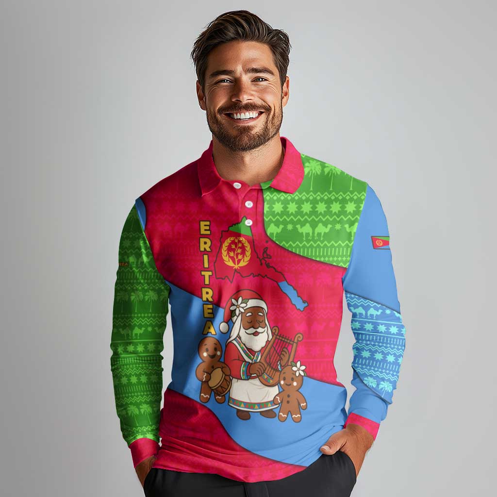 Eritrea Christmas Long Sleeve Polo Shirt with African Santa Gingerbread Harp National Flag Colors and Festive Pattern Design - Wonder Print Shop