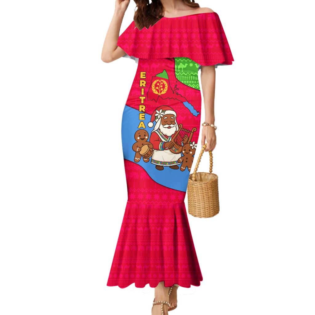 Eritrea Christmas Mermaid Dress with African Santa Gingerbread Harp National Flag Colors and Festive Pattern Design - Wonder Print Shop