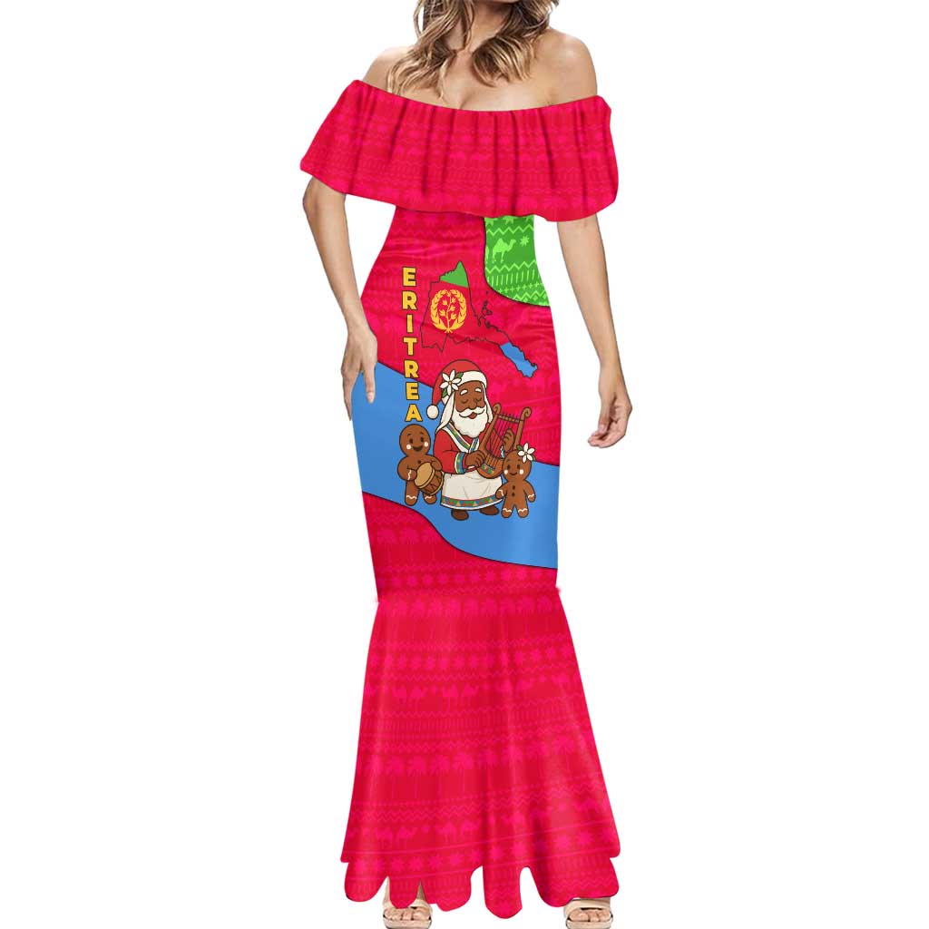 Eritrea Christmas Mermaid Dress with African Santa Gingerbread Harp National Flag Colors and Festive Pattern Design - Wonder Print Shop