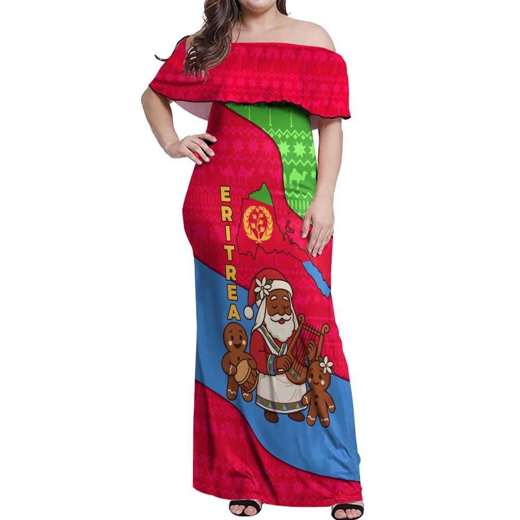 Eritrea Christmas Off Shoulder Maxi Dress with African Santa Gingerbread Harp National Flag Colors and Festive Pattern Design - Wonder Print Shop