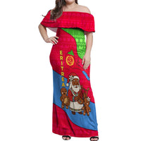 Eritrea Christmas Off Shoulder Maxi Dress with African Santa Gingerbread Harp National Flag Colors and Festive Pattern Design - Wonder Print Shop