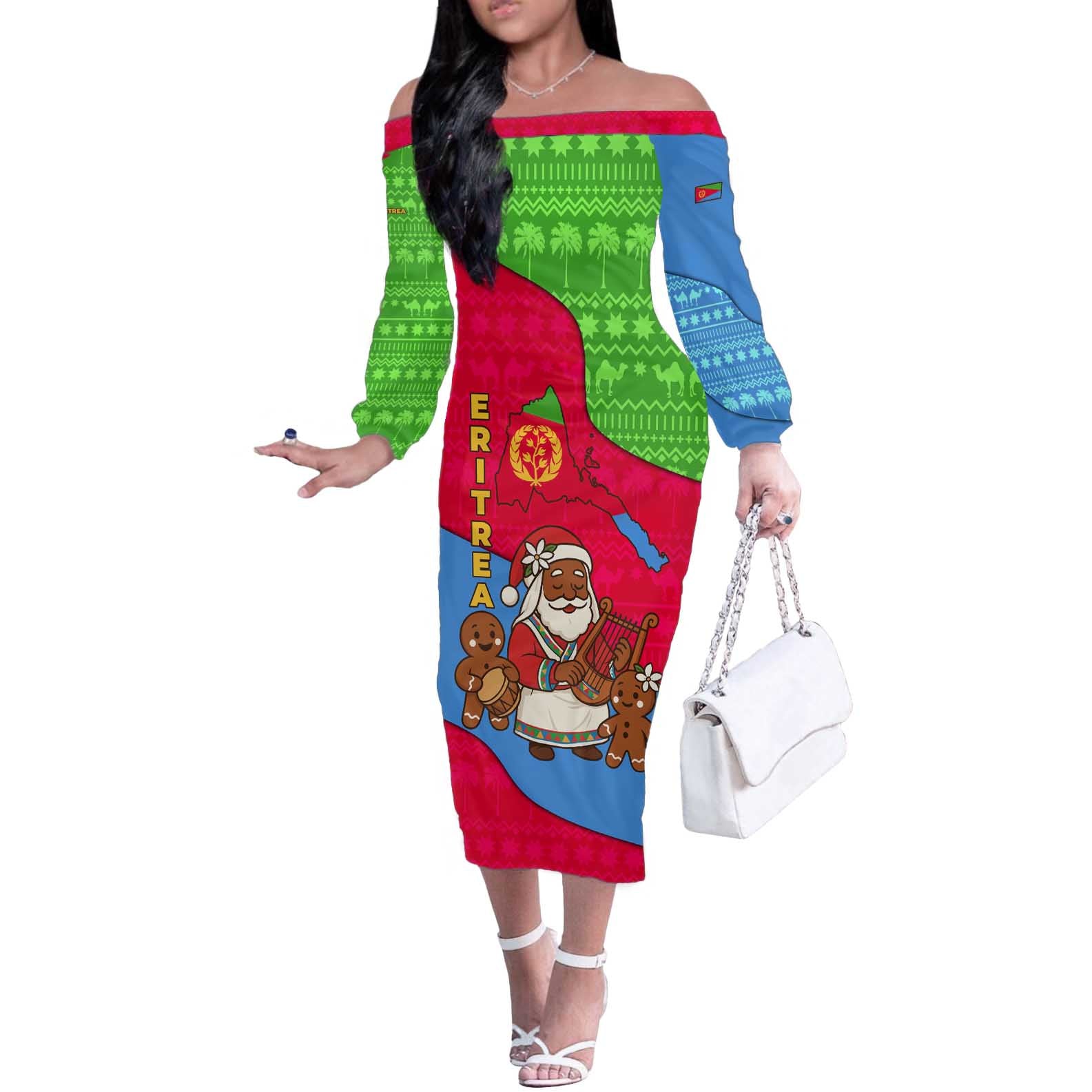 Eritrea Christmas Off The Shoulder Long Sleeve Dress with African Santa Gingerbread Harp National Flag Colors and Festive Pattern Design - Wonder Print Shop