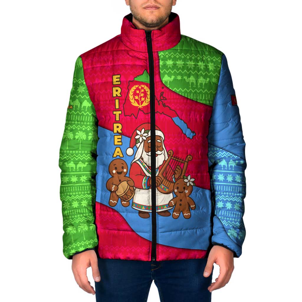 Eritrea Christmas Padded Jacket with African Santa Gingerbread Harp National Flag Colors and Festive Pattern Design - Wonder Print Shop