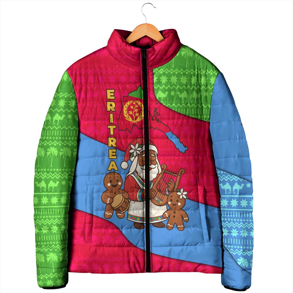 Eritrea Christmas Padded Jacket with African Santa Gingerbread Harp National Flag Colors and Festive Pattern Design - Wonder Print Shop