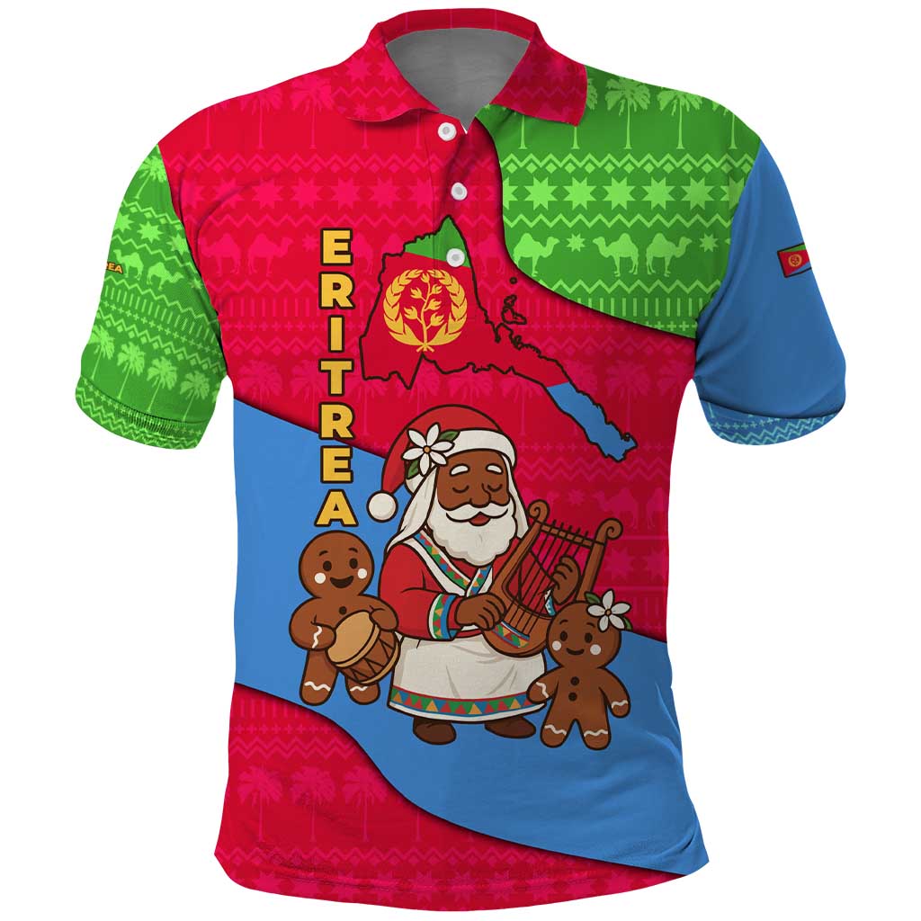Eritrea Christmas Polo Shirt with African Santa Gingerbread Harp National Flag Colors and Festive Pattern Design - Wonder Print Shop