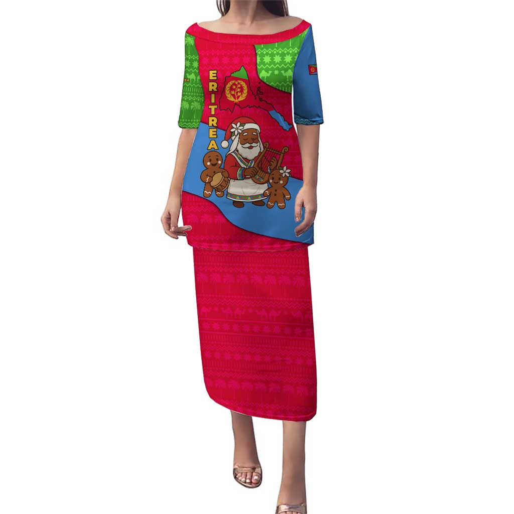 Eritrea Christmas Puletasi with African Santa Gingerbread Harp National Flag Colors and Festive Pattern Design - Wonder Print Shop