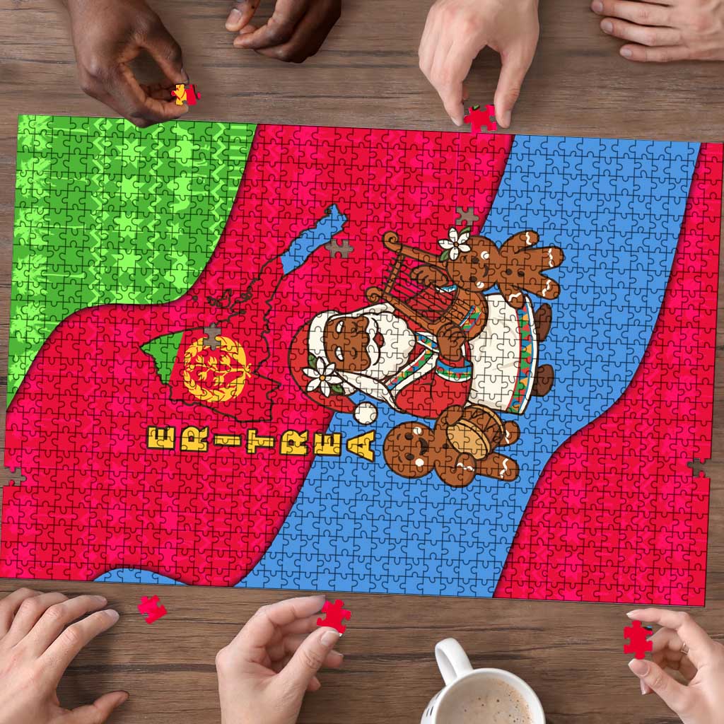 Eritrea Christmas Puzzle with African Santa Gingerbread Harp National Flag Colors and Festive Pattern Design - Wonder Print Shop