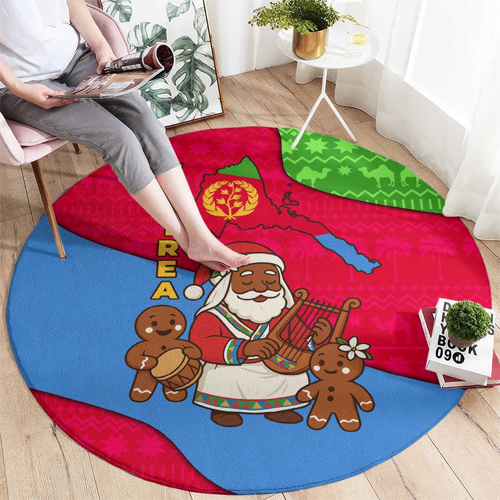 Eritrea Christmas Round Carpet with African Santa Gingerbread Harp National Flag Colors and Festive Pattern Design - Wonder Print Shop