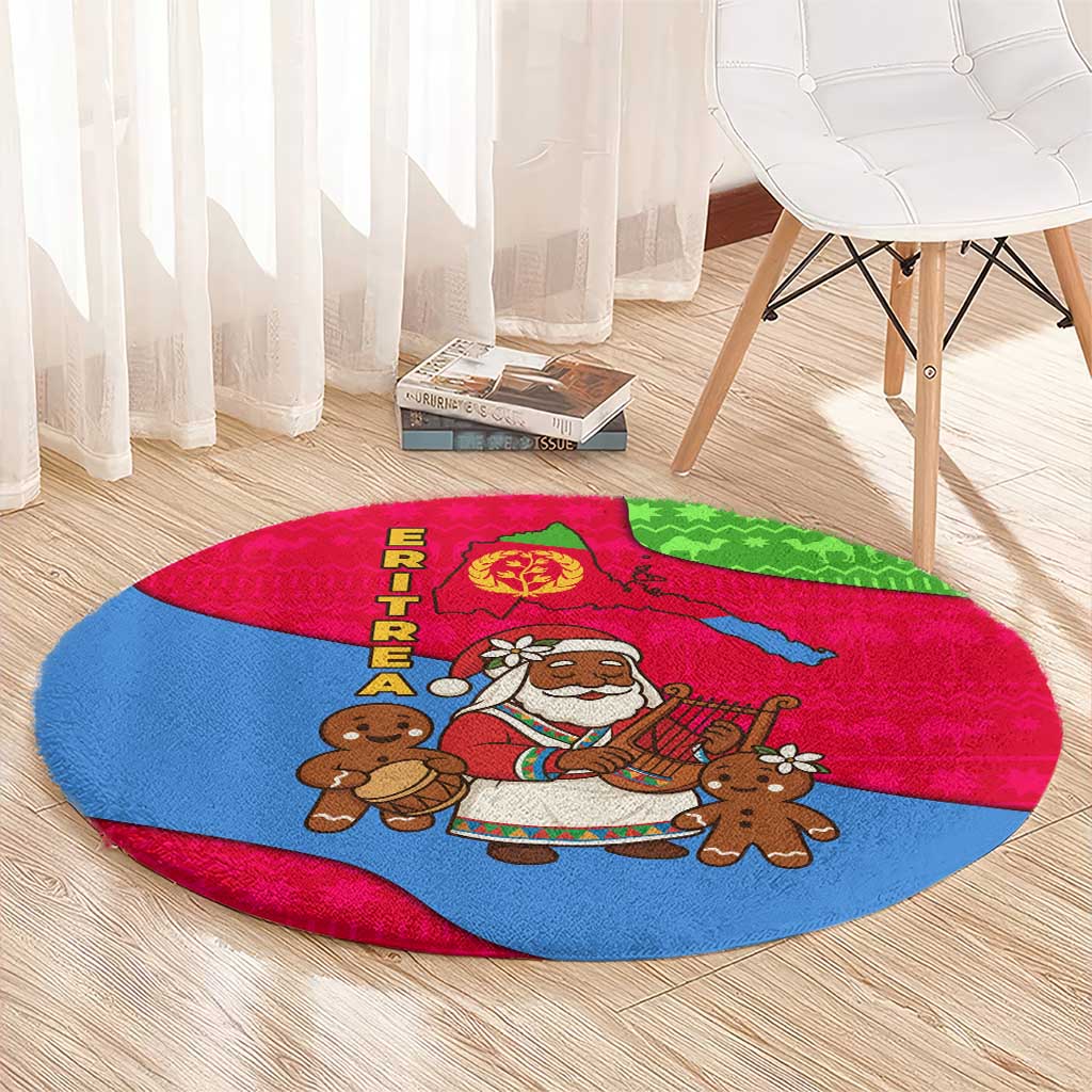 Eritrea Christmas Round Carpet with African Santa Gingerbread Harp National Flag Colors and Festive Pattern Design - Wonder Print Shop