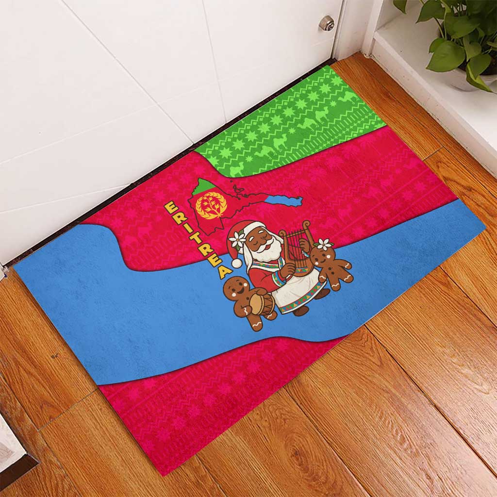 Eritrea Christmas Rubber Doormat with African Santa Gingerbread Harp National Flag Colors and Festive Pattern Design - Wonder Print Shop