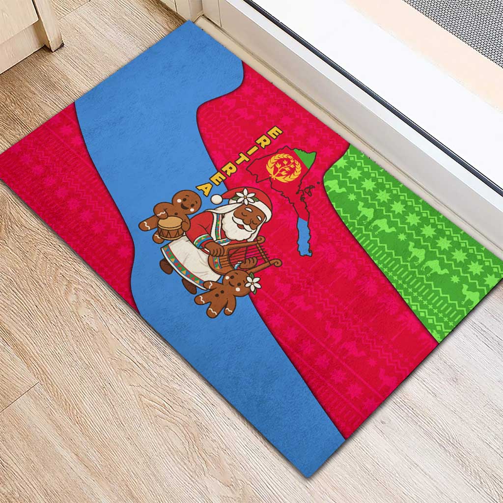 Eritrea Christmas Rubber Doormat with African Santa Gingerbread Harp National Flag Colors and Festive Pattern Design - Wonder Print Shop