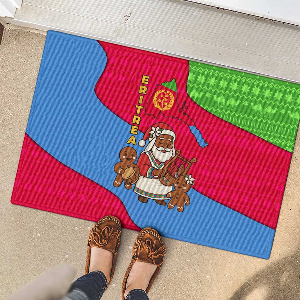 Eritrea Christmas Rubber Doormat with African Santa Gingerbread Harp National Flag Colors and Festive Pattern Design - Wonder Print Shop