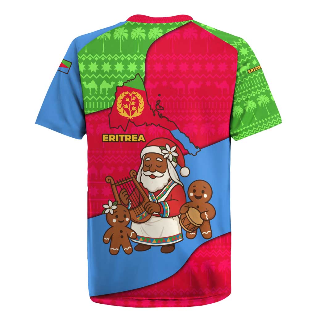 Eritrea Christmas Rugby Jersey with African Santa Gingerbread Harp National Flag Colors and Festive Pattern Design - Wonder Print Shop