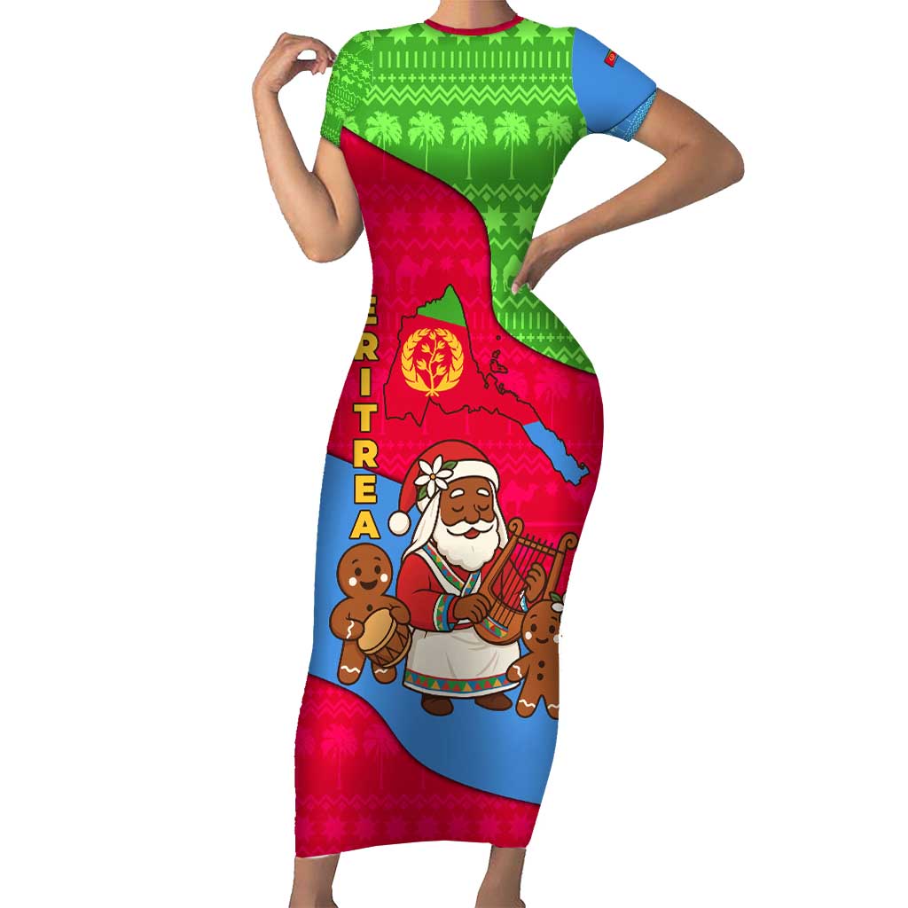 Eritrea Christmas Short Sleeve Bodycon Dress with African Santa Gingerbread Harp National Flag Colors and Festive Pattern Design - Wonder Print Shop