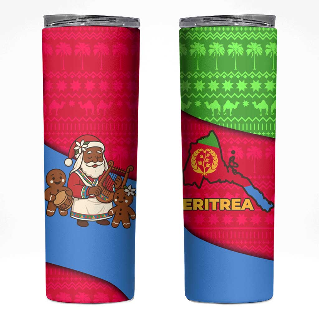 Eritrea Christmas Skinny Tumbler with African Santa Gingerbread Harp National Flag Colors and Festive Pattern Design - Wonder Print Shop