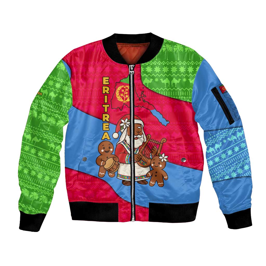 Eritrea Christmas Sleeve Zip Bomber Jacket with African Santa Gingerbread Harp National Flag Colors and Festive Pattern Design - Wonder Print Shop