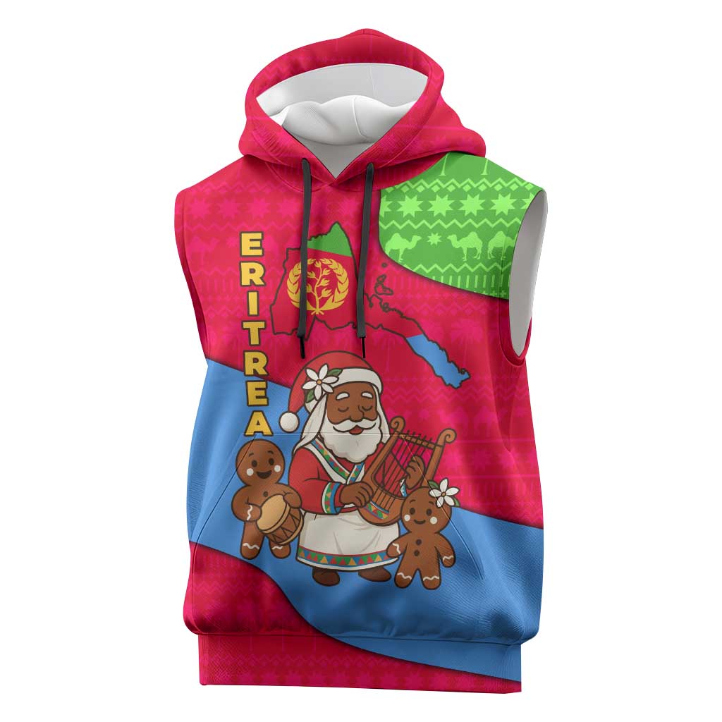 Eritrea Christmas Sleeveless Hoodie with African Santa Gingerbread Harp National Flag Colors and Festive Pattern Design - Wonder Print Shop