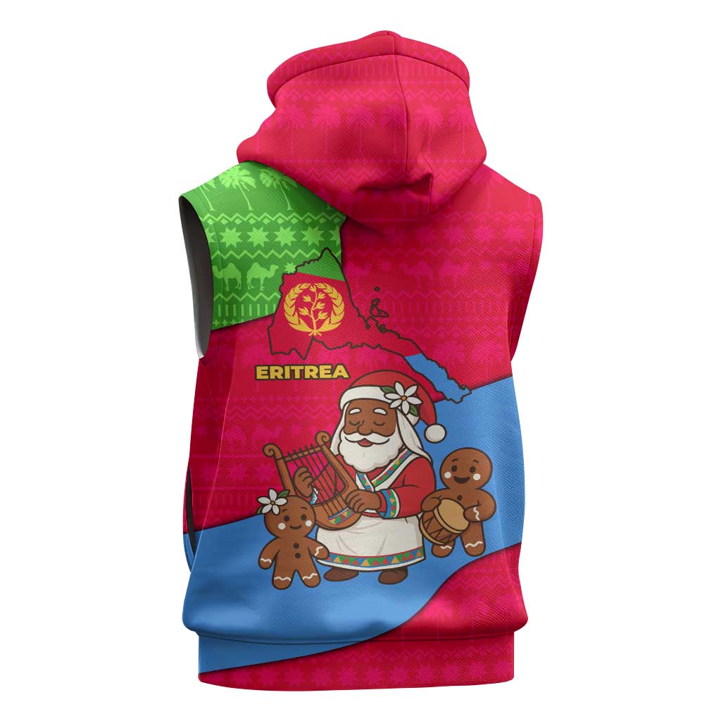 Eritrea Christmas Sleeveless Hoodie with African Santa Gingerbread Harp National Flag Colors and Festive Pattern Design - Wonder Print Shop
