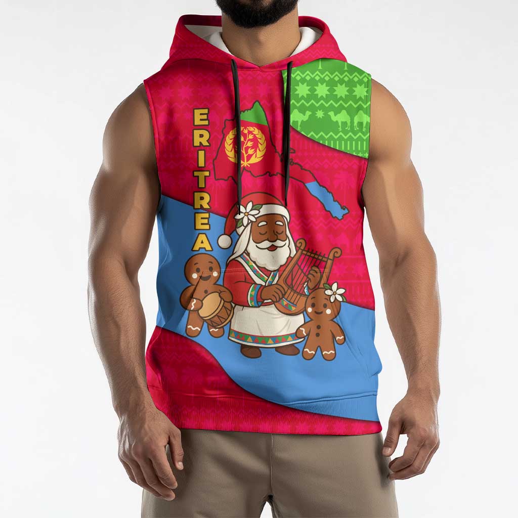 Eritrea Christmas Sleeveless Hoodie with African Santa Gingerbread Harp National Flag Colors and Festive Pattern Design - Wonder Print Shop