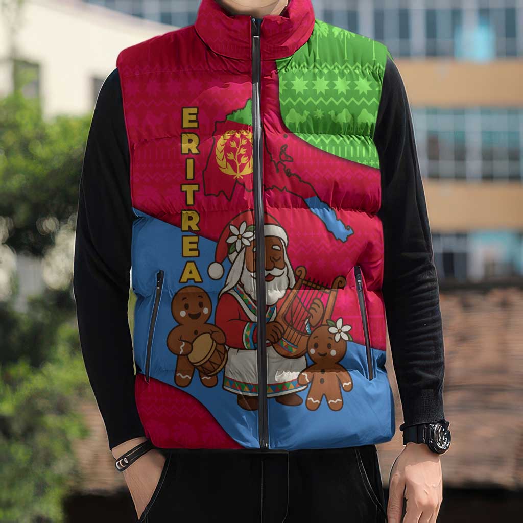 Eritrea Christmas Sleeveless Puffer Jacket with African Santa Gingerbread Harp National Flag Colors and Festive Pattern Design - Wonder Print Shop