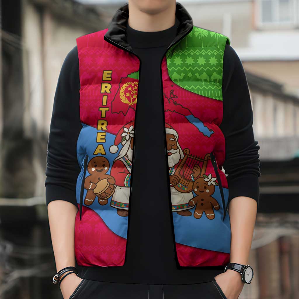 Eritrea Christmas Sleeveless Puffer Jacket with African Santa Gingerbread Harp National Flag Colors and Festive Pattern Design - Wonder Print Shop