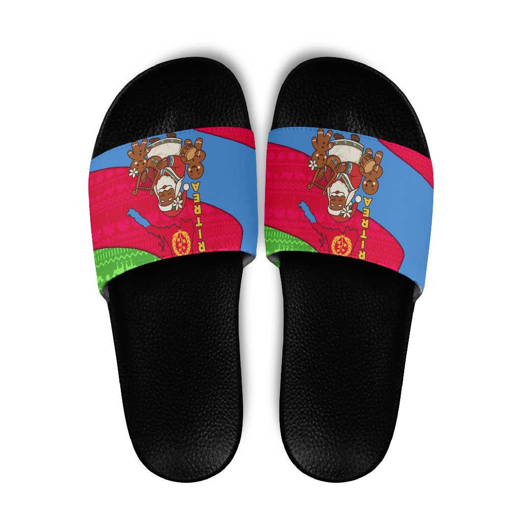 Eritrea Christmas Slide Sandals with African Santa Gingerbread Harp National Flag Colors and Festive Pattern Design - Wonder Print Shop