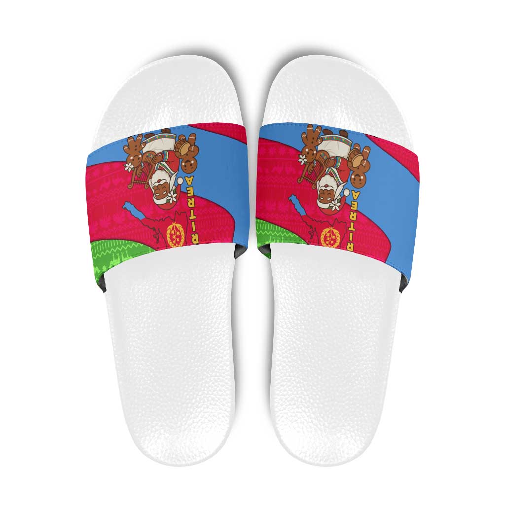 Eritrea Christmas Slide Sandals with African Santa Gingerbread Harp National Flag Colors and Festive Pattern Design - Wonder Print Shop