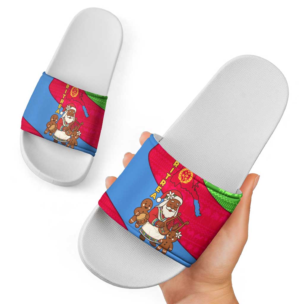 Eritrea Christmas Slide Sandals with African Santa Gingerbread Harp National Flag Colors and Festive Pattern Design - Wonder Print Shop