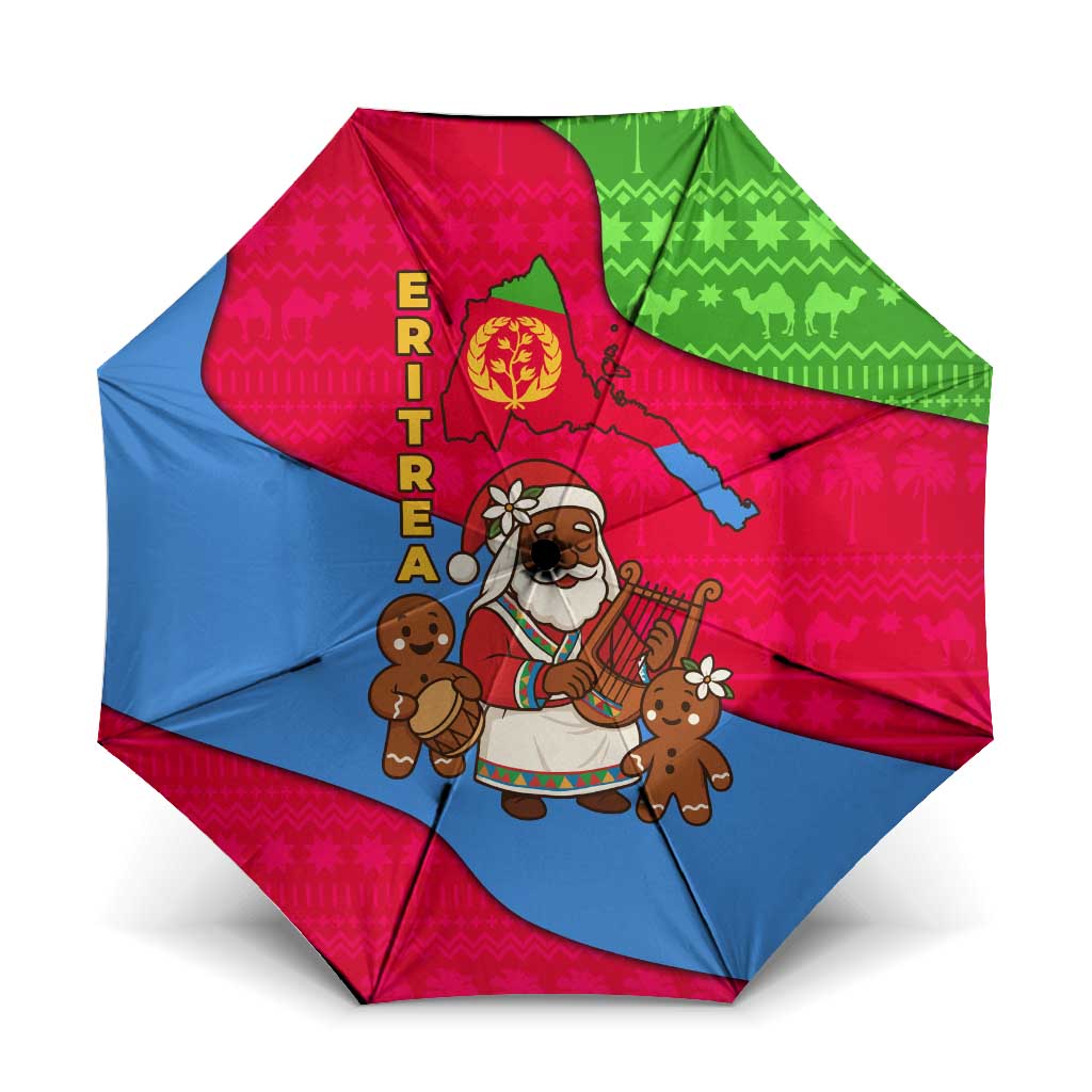 Eritrea Christmas Umbrella with African Santa Gingerbread Harp National Flag Colors and Festive Pattern Design - Wonder Print Shop