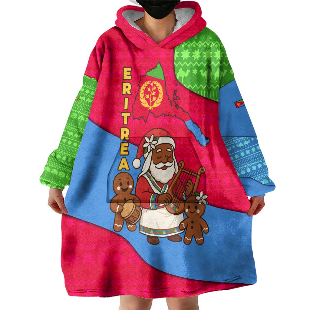 Eritrea Christmas Wearable Blanket Hoodie with African Santa Gingerbread Harp National Flag Colors and Festive Pattern Design - Wonder Print Shop