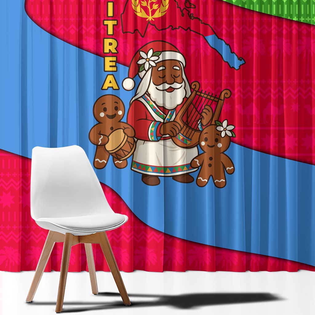 Eritrea Christmas Window Curtain with African Santa Gingerbread Harp National Flag Colors and Festive Pattern Design - Wonder Print Shop