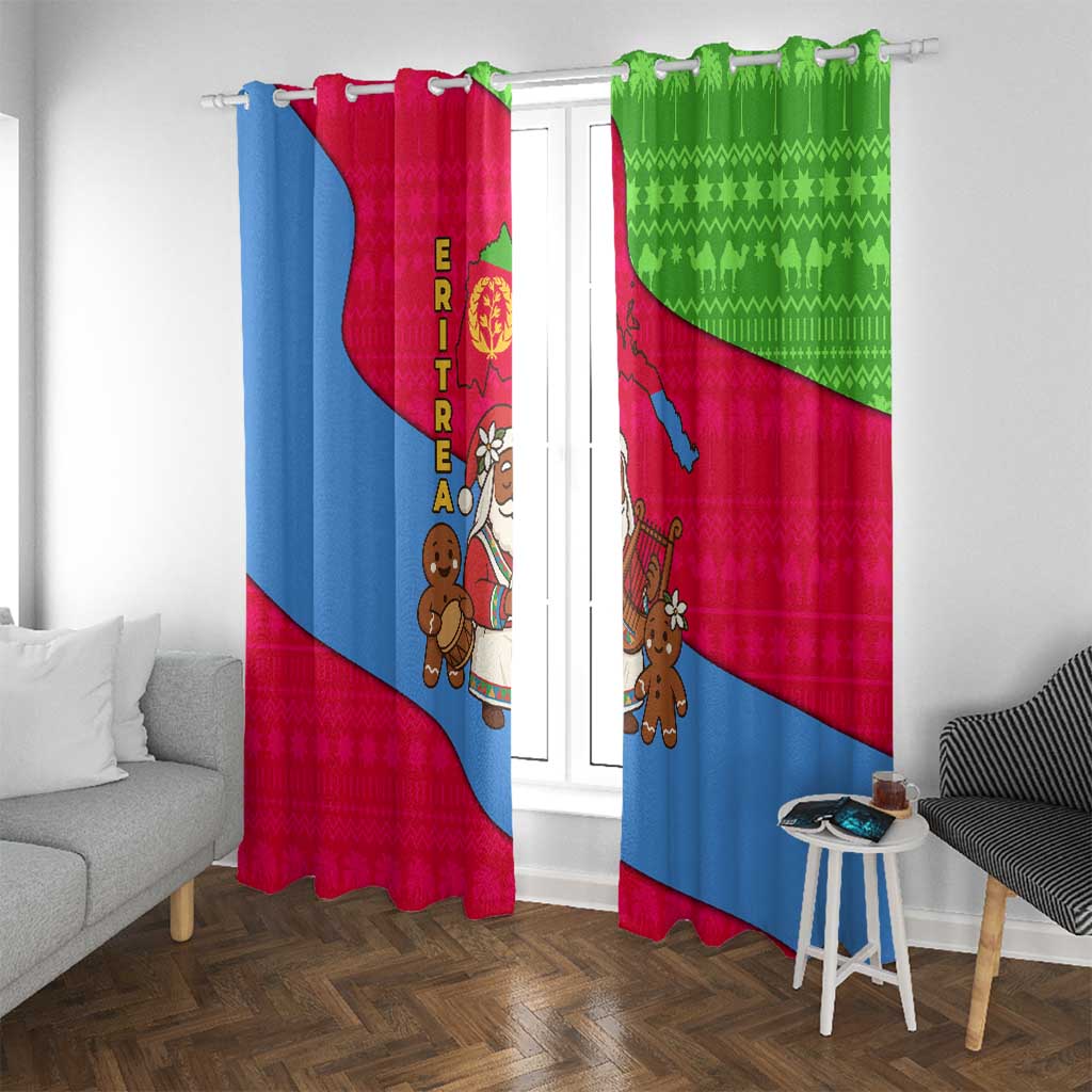 Eritrea Christmas Window Curtain with African Santa Gingerbread Harp National Flag Colors and Festive Pattern Design - Wonder Print Shop