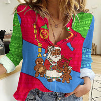 Eritrea Christmas Women Casual Shirt with African Santa Gingerbread Harp National Flag Colors and Festive Pattern Design - Wonder Print Shop