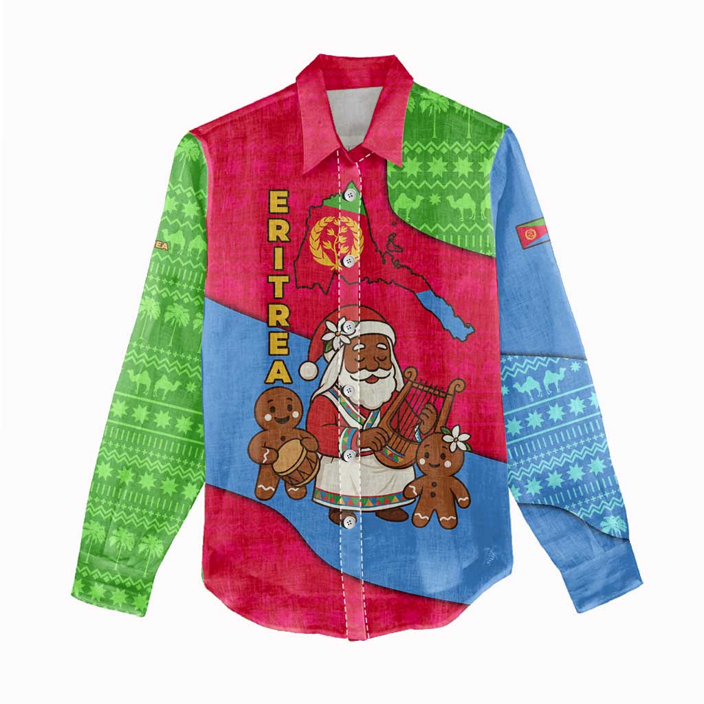 Eritrea Christmas Women Casual Shirt with African Santa Gingerbread Harp National Flag Colors and Festive Pattern Design - Wonder Print Shop