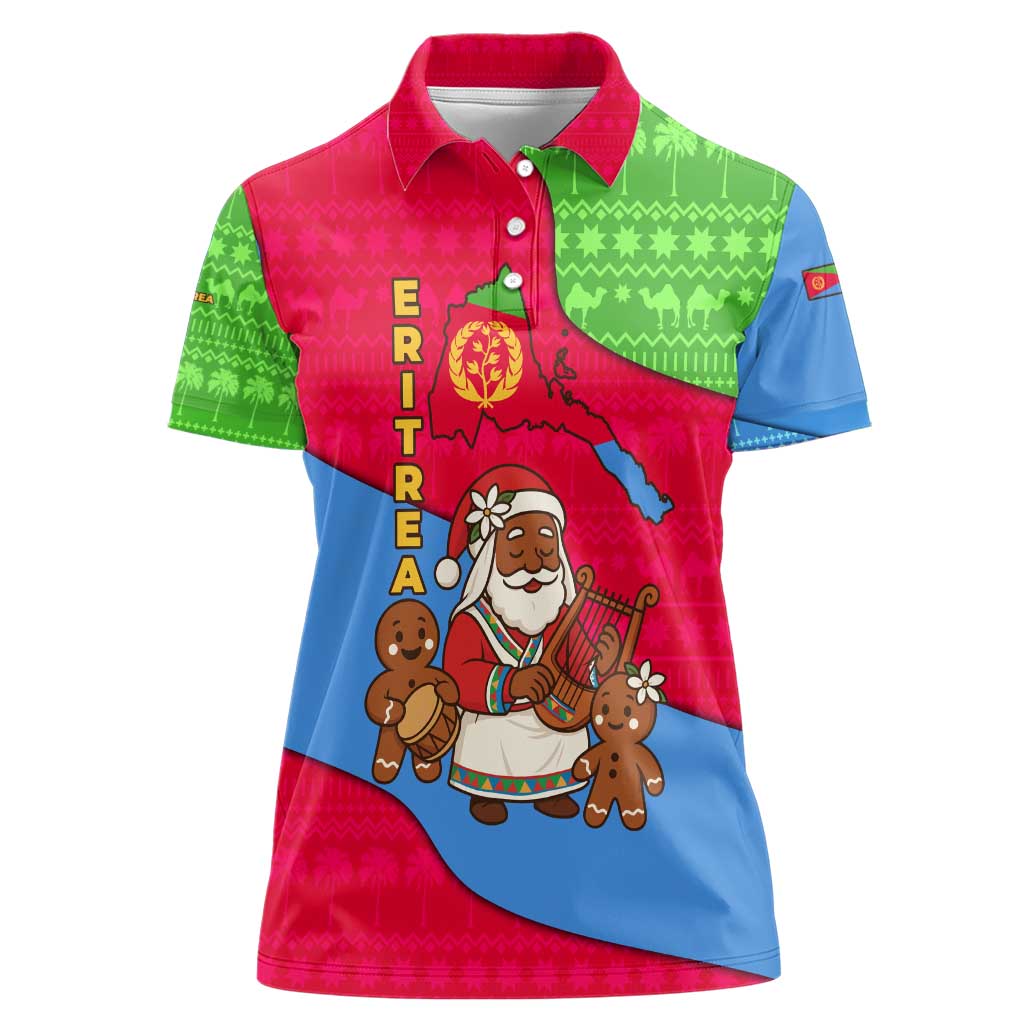 Eritrea Christmas Women Polo Shirt with African Santa Gingerbread Harp National Flag Colors and Festive Pattern Design - Wonder Print Shop