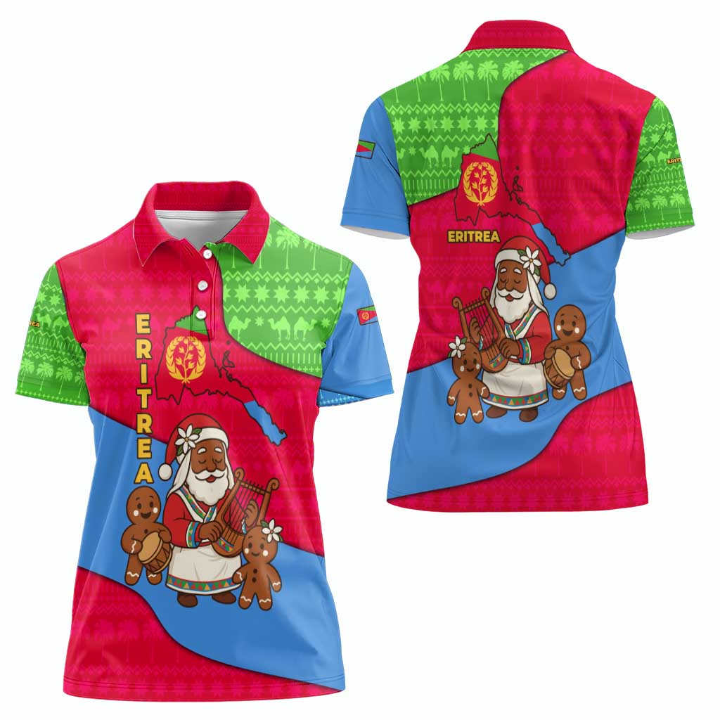 Eritrea Christmas Women Polo Shirt with African Santa Gingerbread Harp National Flag Colors and Festive Pattern Design - Wonder Print Shop