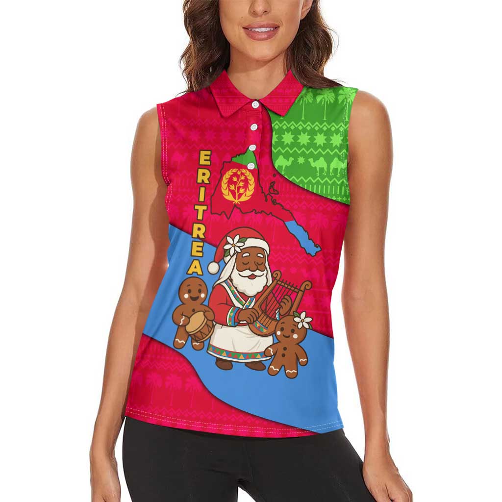 Eritrea Christmas Women Sleeveless Polo Shirt with African Santa Gingerbread Harp National Flag Colors and Festive Pattern Design - Wonder Print Shop