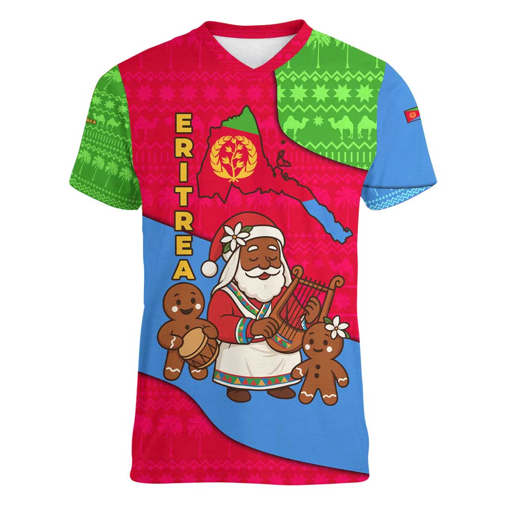 Eritrea Christmas Women V-Neck T-Shirt with African Santa Gingerbread Harp National Flag Colors and Festive Pattern Design - Wonder Print Shop