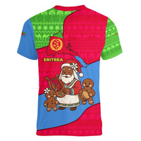 Eritrea Christmas Women V-Neck T-Shirt with African Santa Gingerbread Harp National Flag Colors and Festive Pattern Design - Wonder Print Shop