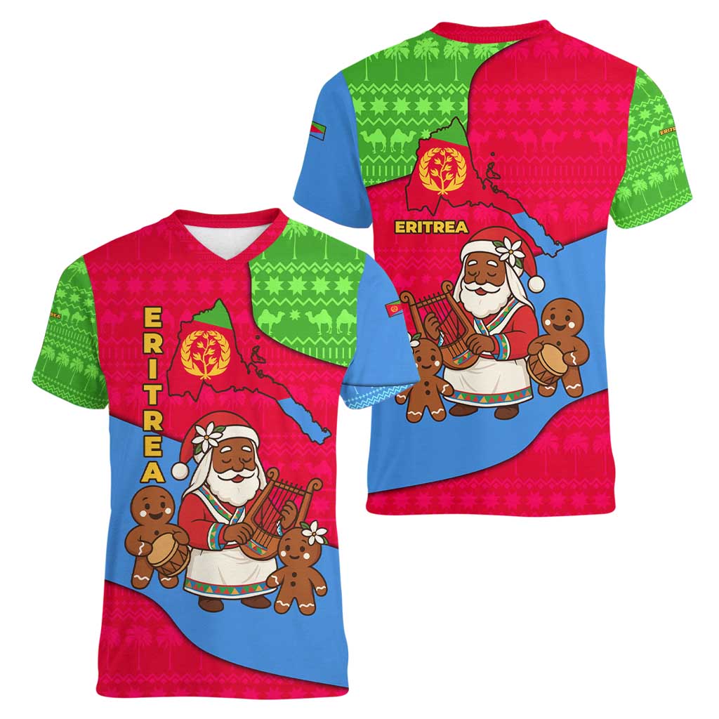 Eritrea Christmas Women V-Neck T-Shirt with African Santa Gingerbread Harp National Flag Colors and Festive Pattern Design - Wonder Print Shop