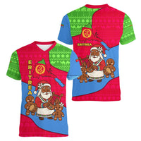Eritrea Christmas Women V-Neck T-Shirt with African Santa Gingerbread Harp National Flag Colors and Festive Pattern Design - Wonder Print Shop